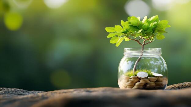 Jar filled with coins and growing plant on wooden desk